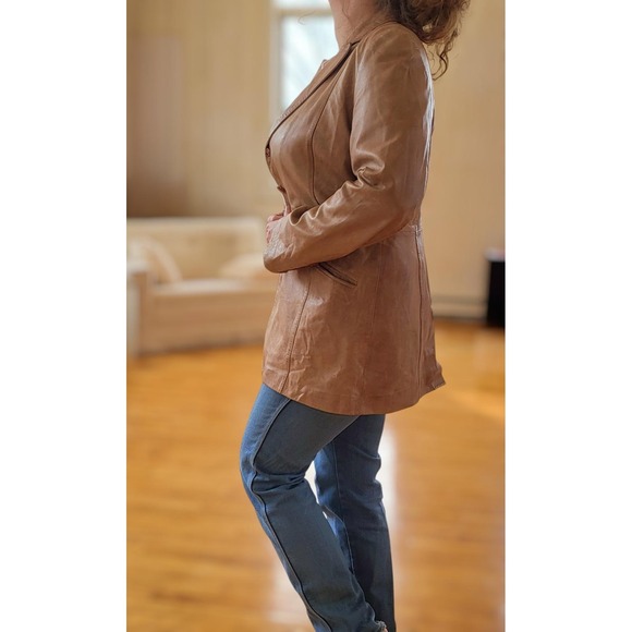 Akoury Vintage Tan Genuine Leather Button Blazer Jacket - Picture 3 of 14